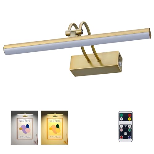 RAIFOOLLY Picture Light, 16inch Cordless Picture Lights for Wall with Timer and Dimmable, Battery Operated Wall Lights for Display Gallery Painting Art Frame Portrait, Metal, Dual Color Temperature - color: Brass, size: 16"-2color