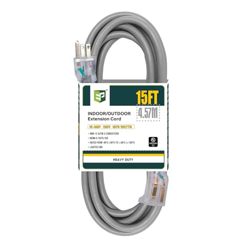 EP 15 Ft Lighted Outdoor Extension Cord - 12/3 SJTW Heavy Duty Grey Extension Cable with 3 Prong Grounded Plug - Power Cord for Lawn, Garden, Appliances - color: Grey, size: 15ft