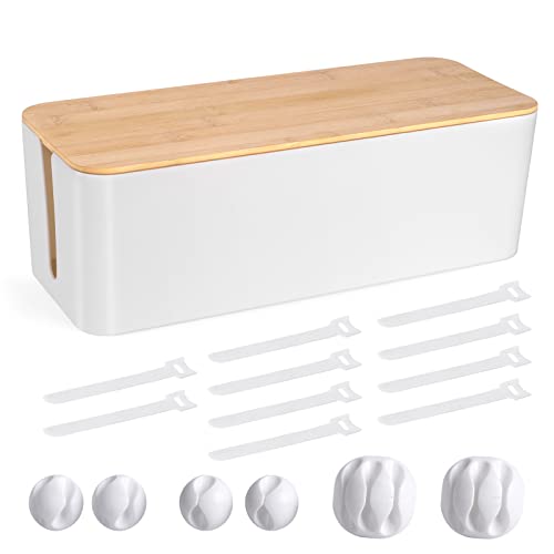 Cable Management Box - Wooden Style Large Cord Organizer Box to Hide Wires & Power Strips | Desk Computer Cable Organizer Box | Safe ABS Material |16" (L) x 6.2" (W) 5.3" (H)|for Home & Office - White - size: Large