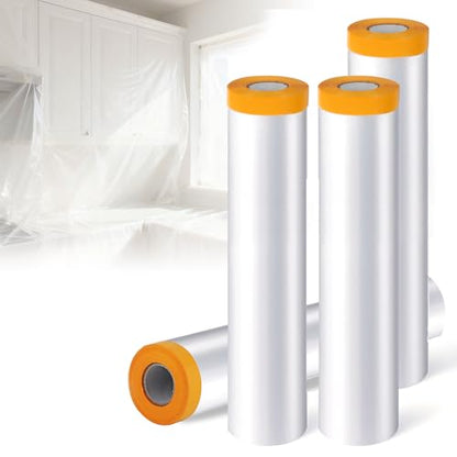 4 Rolls 8.9 x 65.6 Feet Pre-Taped Masking Film, Tape and Drape Drop Cloth, Plastic Sheeting Drop Cloth for Painting, Automotive Covering and Appliance Protection (8.9 x 65.6 Feet) - size: 8.9 x 65.6 Feet