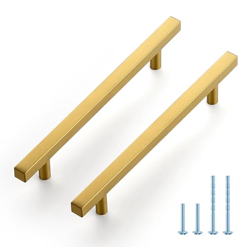 JOY DECOR 10 Pack 6-1/4 Inch Brushed Brass Square Cabinet Handles Stainless Steel Cabinet Hardware Pulls for Kitchen and Drawers with 8-13/16 Inch Overall Length - color: Brushed Brass, size: 6-1/4 Inch Hole Center