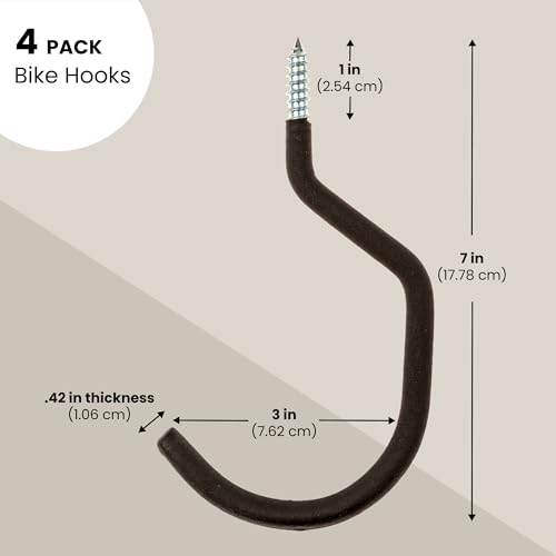 IMPRESA 4-Pack Bike Hooks for Garage Ceiling - 100 Lbs Capacity,7 x 4 in - Galvanized Steel & Non-Marring Finish Heavy Duty Hook - Wall Mount for Ceiling Bike Hangers - Universal Fit Bike Wall Mount