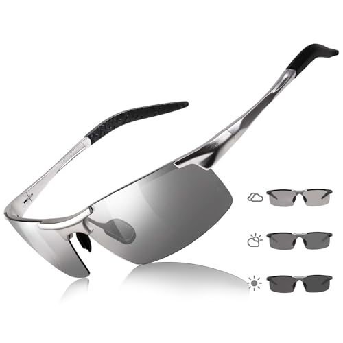 TJUTR Mens Photochromic Sunglasses Day & Night Driving Z87 Sun Glasses Polarized UV400 Protection Safety Glasses - color: B Silver/Z87 Photochromic Polarized Safety Lens