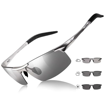 TJUTR Mens Photochromic Sunglasses Day & Night Driving Z87 Sun Glasses Polarized UV400 Protection Safety Glasses - color: B Silver/Z87 Photochromic Polarized Safety Lens