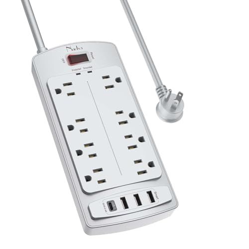 Surge Protector Power Strip - Nuetsa Flat Plug Extension Cord with 8 Outlets and 4 USB Ports, 6 Feet Power Cord (1625W/13A), 2700 Joules, ETL Listed, Grey - color: Grey, size: 6 Ft