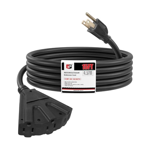 EP 15 Ft 16 Gauge Black Indoor Outdoor Extension Cord with 3 Outlets, 13A 1625W 125V, 16/3 SJTW Power Cord, 3 Prong Grounded Plug for Lights, Garden and Major Appliances, ETL Listed - color: Black, size: 15ft