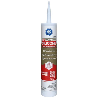 GE Advanced Silicone Caulk for Kitchen & Bathroom, Clear, 10 fl oz Cartridge, 12 Pack - 100% Waterproof Silicone Sealant, 5X Stronger Adhesion, Shrink & Crack Proof - color: Clear, size: Pack of 12