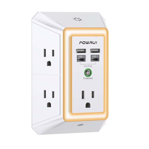 3-Sided Outlet Extender with Night Light - POWRUI Multi Plug Outlet with 5 Outlets and 4 USB Ports(2 USB-C), USB Wall Charger for Home, Office, Travel, ETL Listed, White - color: White, size: 2U2C