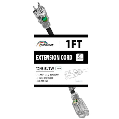 Extension Cord with Lighted End, UL Certified, 12 Gauge 1FT Black 3 Prong Heavy Duty, 12/3 SJTW 15A Power Cord for Lights, Lawn - size: 1FT, style: 12/3