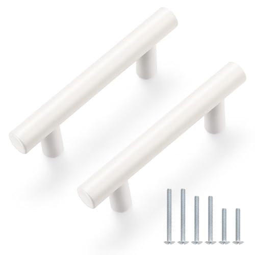 Probrico 5 Pack Hole Centers (64mm) 2-1/2inch White Kitchen Cabinet Handles Stainless Steel White Cabinet Pulls Euro Style Pull Handle for Cabinets and Drawers Total Length 4inch - color: White, size: Hole Centers: 2-1/2"