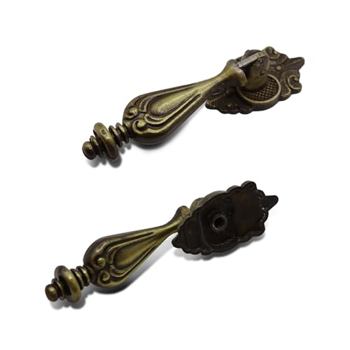 Antique Brass Drop Pull Handles 4 Pack, Vintage Ornate Pendant Drawer Knobs, Zinc Alloy Furniture Hardware for Dresser, Cupboard, or Restoration Projects