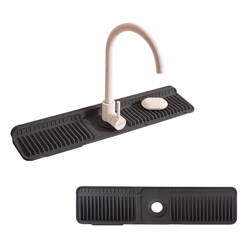 ZJWZLG Faucet Mat for Kitchen Sink, 24"X5.5" （Black）Silicone Sink Protector with 7° Slope & Customizable Hole, Stops Splashes & Drains Water Fast - color: Black, size: 24" x 5.5"