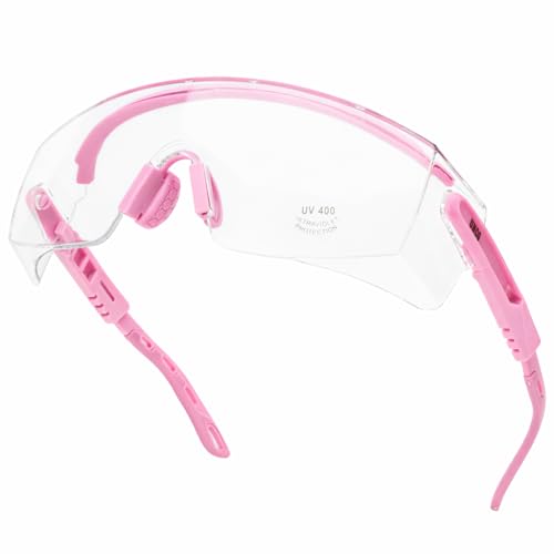 UNCO- Safety Goggles Over Glasses with Clear Wraparound Lens, Light Pink Arms, Anti Fog Safety Glasses for Men and Women, Protective Eyewear