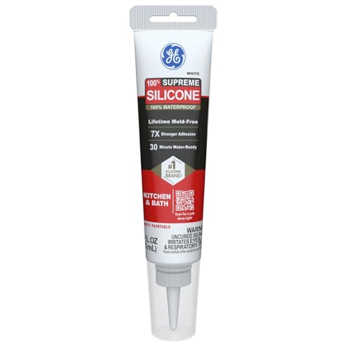 GE Supreme Silicone Caulk for Kitchen & Bathroom, White, 2.8 fl oz Tube, 1 Pack - 100% Waterproof Silicone Sealant, 7X Stronger Adhesion, Shrink & Crack Proof - size: Pack of 1
