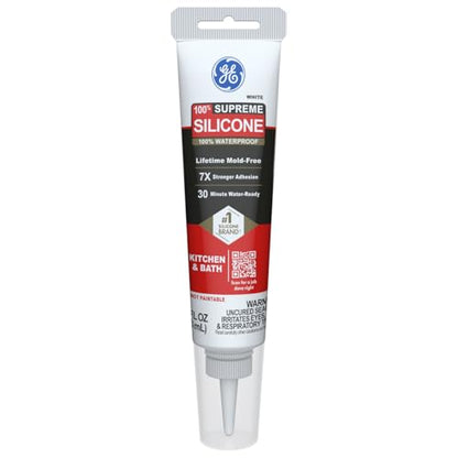 GE Supreme Silicone Caulk for Kitchen & Bathroom, White, 2.8 fl oz Tube, 1 Pack - 100% Waterproof Silicone Sealant, 7X Stronger Adhesion, Shrink & Crack Proof - size: Pack of 1
