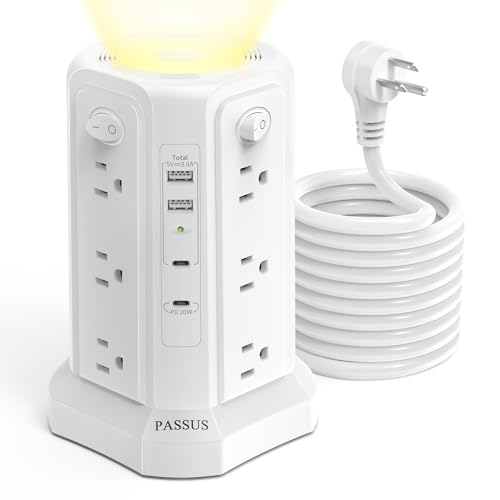 Long Surge Protector Power Strip 16 FT Cord, PD20W USB C Power Strip Tower with Night Light, Extension Cord with Multiple Outlets with 4 USB Ports, PASSUS Charging Station Home Office Essentials White - color: White