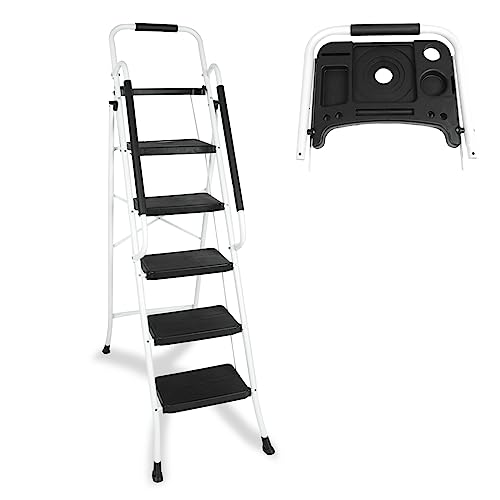 BLACKHORSE-RACING 5 Step Ladder with Handrails & Tool Tray Platform, 330 lbs Folding Step Stool Ladder, Portable Steel Ladder for Kitchen Pantry Home Office Library, White