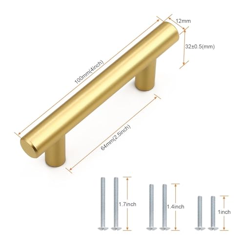 Probrico 5 Pack Hole Centers (64mm) 2-1/2inch Gold Kitchen Cabinet Handles Stainless Steel Polished Gold Cabinet Pulls Round T Bar Pull Handle for Cabinets and Drawers Total Length 4inch(100mm) - color: Gold, size: Hole Centers: 2-1/2"