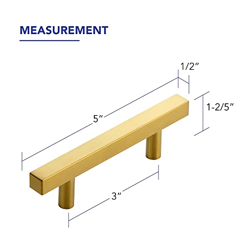 10 Pack Brushed Brass Cabinet Handles with 3 Inch (76 mm) Hole Center, Square Kitchen Hardware for Cabinets & Drawers, Stainless Steel Pulls, 5 Inch Overall Length - color: Brushed Brass Square T-Shaped, size: 3" Hole Center