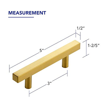 10 Pack Brushed Brass Cabinet Handles with 3 Inch (76 mm) Hole Center, Square Kitchen Hardware for Cabinets & Drawers, Stainless Steel Pulls, 5 Inch Overall Length - color: Brushed Brass Square T-Shaped, size: 3" Hole Center