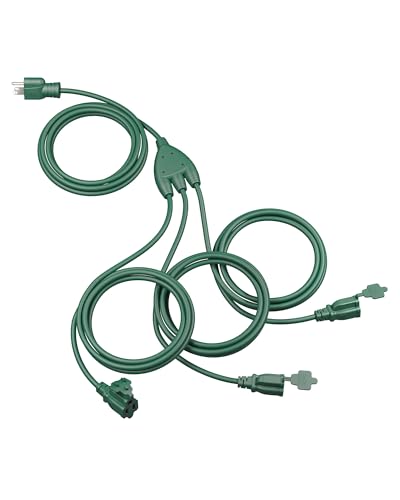 DEWENWILS Outdoor Extension Cord Multiple Outlets 45ft, Evenly Spaced 3 Outlets Plugs with Safety Cover, 16/3 SJTW Weatherproof Wire for Outdoor Lights and Holiday Decorations, 1 Pack - color: Green, size: 45FT(15+10*3), style: 1 to 3 Splitter