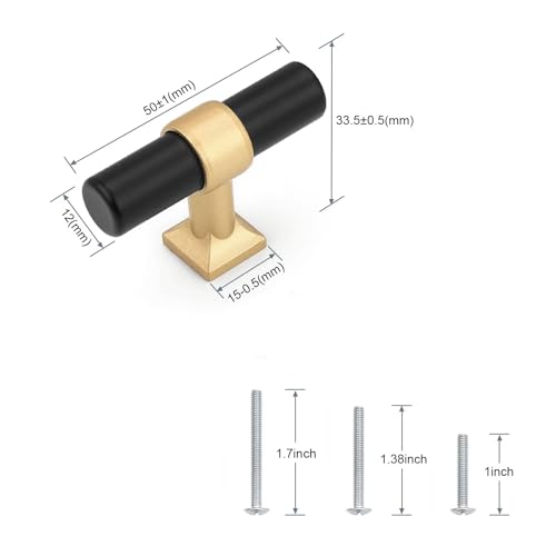 5Pack Single Hole Black Cabinet Knobs with Gold Champagne Base T Shaped Dold Kitchen Cabinet Knobs Hardware Pull Knob for Cabinets and Drawers 50mm Total Length - color: Black with Champagne Gold Base, size: Single Hole-2inch Length