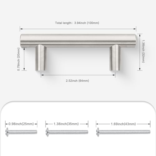 Probrico 5 Pack Hole Centers (64mm) 2.5inch Brushed Nickel Cabinet Handles Modern Stainless Steel Drawer Pulls Euro T Bar Dresser Pull Handle Length 100mm(4inch) - color: Brushed Nickel, size: Hole Centers: 2-1/2"