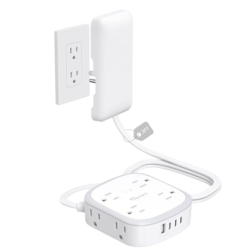 Outlet Cover Extension Cord Short 3ft, NUTICT Flat Plug Power Strip with 8 Outlets & 3 USB-C & 1 USB-A Port, 13A/1625W, 1440J Surge Protector, Indoor 3 Prong Flat Wall Plug for Tight Spaces, White - size: 3FT