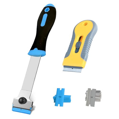 2 Pack Razor Blade Scraper with 10 Plastic and 20 Metal Blades for Removing Paint, Registration Sticker, Grease from Windshield, Glass Top Stove Cooktop Scraper - color: Blue Yellow