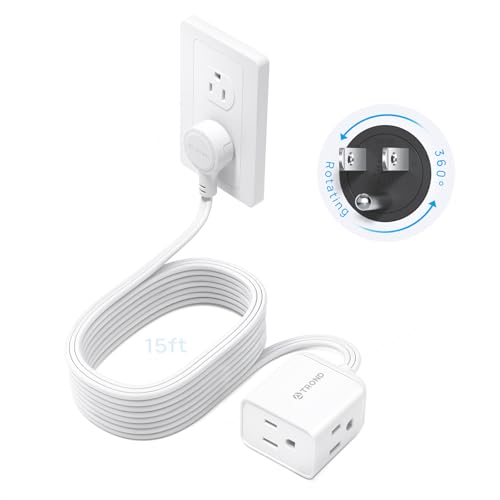 TROND Flat Extension Cord 15ft with 360° Rotating Plug, ETL Listed 3 Prong Power Strip, Low Profile Three Outlets, 13A, SPT 16/3 Gauge, Small for Tight Spaces Indoor Home Office Kitchen Bedroom, White - color: White, size: 15 ft, style: No Surge Protectio