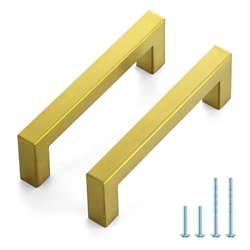 JOY DECOR 2 Pack Cabinet Handles, Gold Cabinet Pulls, 4 Inch Kitchen Handles Square Drawer Pulls Stainless Steel Drawer Hardware Handles, 102mm Hole Centers - size: 4 Inch Hole Center