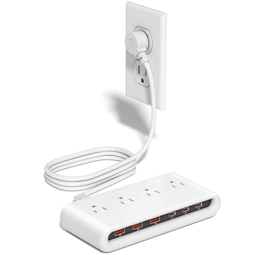 Power Strip with USB C 35W,10-in-1 Flat Plug Wall Charger - 5FT Extension Cord with 4AC, 3 USB A & 3 USB C - PD20W Charging Station for Multiple Devices - Travel Home Office (White) - color: White