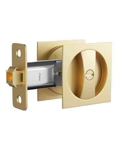 Lethato Pocket Door Hardware Gold, Pocket Door Lock, Pocket Door Latch, Brushed Gold Contemporary Sliding Pocket Door with Privacy Lock for Bathroom & Bedroom (1 Pack, Square) - color: Gold (Square), size: 1 Pack