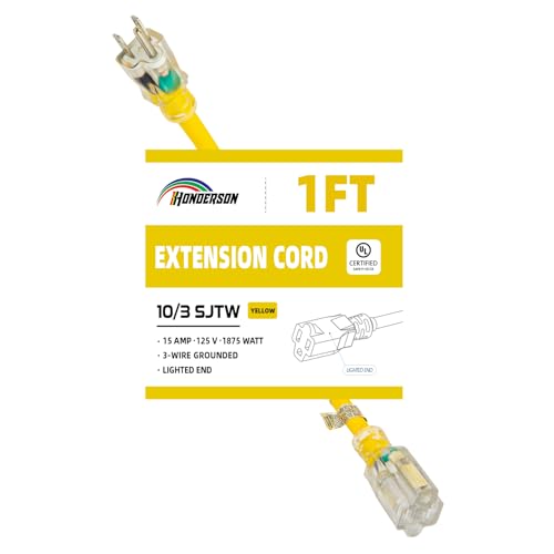Extension Cord with Lighted End, UL Certified, 10 Gauge 1FT Yellow 3 Prong Heavy Duty, 10/3 SJTW 15A Power Cord for Lights, Lawn - size: 1FT, style: 10/3