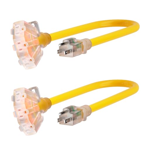 PlugSaf 2 FT 2 Pack 12/3 Gauge Outdoor Extension Cord with Multiple Outlets Light Indicator, Flexible 3 Outlet Heavy Duty Extension Cord Waterproof Yellow, 15A 1875W 12AWG SJTW, ETL Listed - size: 2 FT-2pcs
