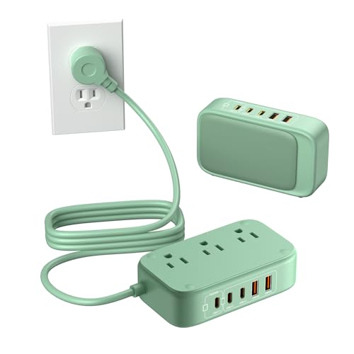 5FT USB Charging Station with Outlets, Flat USB C Travel Power Strip PD 20W Charger with 2500W AC Outlets, 3 USB-C Ports, 2 USB-A Ports Extension Cord for Home/Office/Travel - color: Green