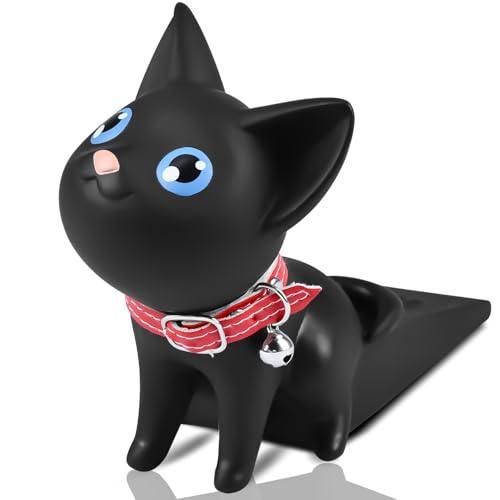 Cute Cat Door Stopper Decorative Non-Slip Floor Protector - Scratch Resistant Door Wedge Holder for Hardwood Tile Carpet All Floor Types Safe Creative Pet Friendly Design - color: Black