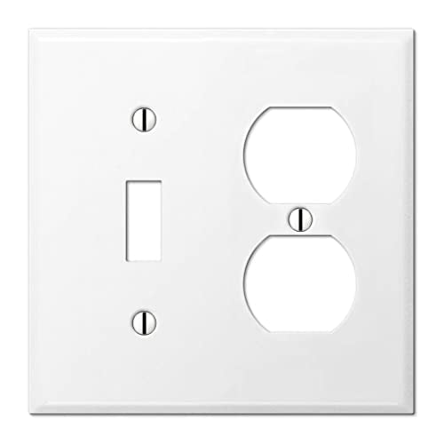 OVERSIZED 2 Gang Combo Metal Wall Plate - (1) Outlet - Duplex with (1) Toggle Style Jumbo Combination Light Switch Plate Cover, Stainless Steel Painted White, UL Listed, 5.5" x 5.5" - Made in USA - color: Combo: Outlet / Toggle