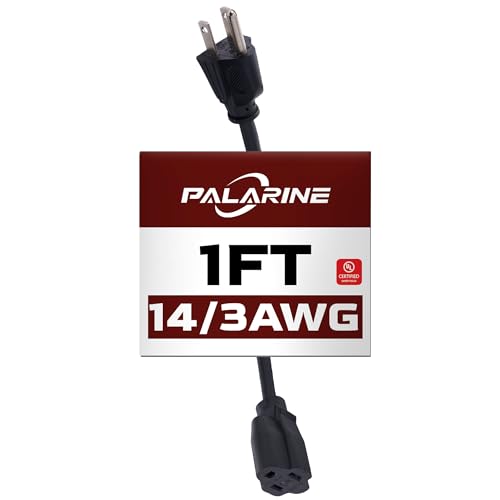 1ft Black Extension Cord Waterproof, UL Listed, 14/3 SJTW Heavy Duty 3 Prong, 14 Gauge 15A Power Cord Ideal for Lights, Appliances, and Lawn - color: Black, size: 1 FT, style: 14/3