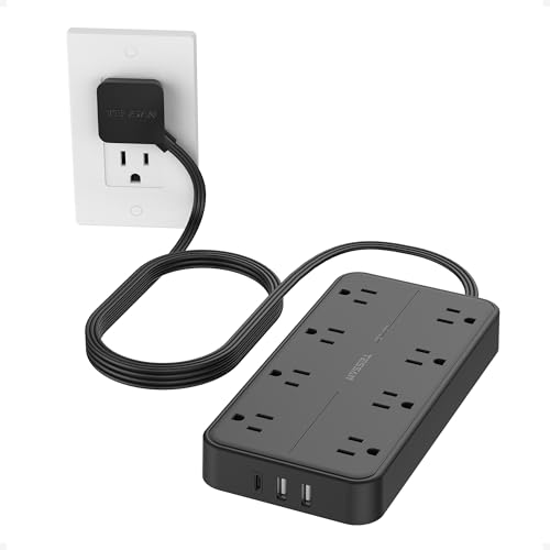 TESSAN Power Strip Surge Protector, 6FT Flat Plug Extension Cord with 8 Outlets 3 USB Charger(1 USB C), 1080 Joules Protection, Wall Mountable Charging Station for Home Office Dorm, Black - color: Black, size: 6FT-1080J surge protection
