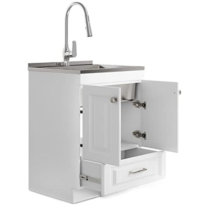 SIMPLIHOME Lawrence All-in-One 28 inch Wide Utility Sink and Laundry Cabinet in Pure White Finish, Transitional Stainless Steel Sink Cabinet for Laundry Rooms with High-Arch Brushed Nickel Faucet - size: 28 inch