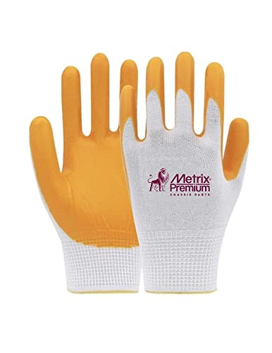 METRIX PREMIUM CHASSIS PARTS All Purpose Industrial Safety Work Gloves, Gold Yellow, MicroFoam Nitrile Coated 10 Pairs, Seamless Knit Nylon