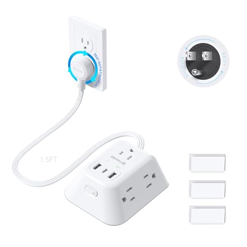 TROND 360° Rotating Plug Power Strip, 1.5FT Short Extension Cord with Multiple Outlets and 3 USB Ports, 1440 Joules Wall Mount Surge Protector for Indoor Home Office Dorm Room, White - size: 1.5 FT