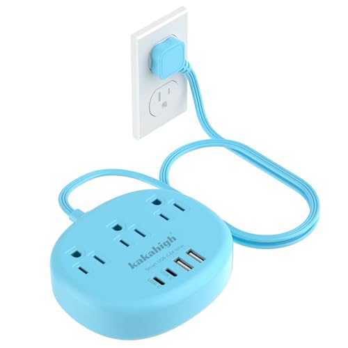 Blue Extension Cord with USB C - 5 FT Flat Extension Cord, 1625W Cute Extension Cord with 3 AC Outlet 4 USB (24W/4.8A), Compact for Cute Blue Kawaii Desk Accessories - color: blue, size: 5ft