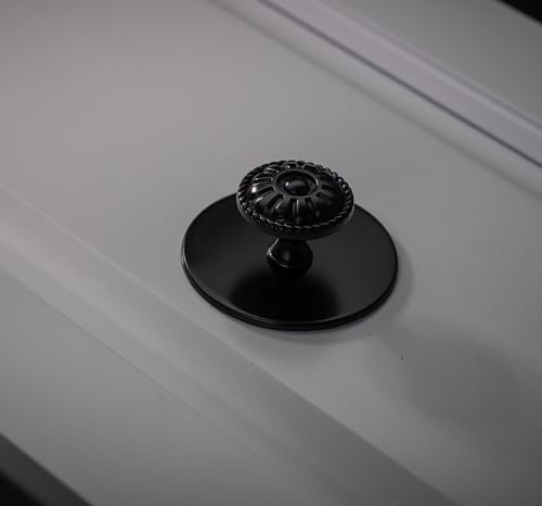 trust4care 9-Pack EU Style Matte Black Cabinet Knobs, 1.25 Inch Round Zinc Kitchen Drawer Pull Knobs with Victorian Floral Pattern, Farmhouse Dresser Furniture Handle Hardware - size: 9