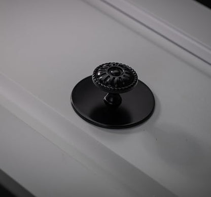 trust4care 9-Pack EU Style Matte Black Cabinet Knobs, 1.25 Inch Round Zinc Kitchen Drawer Pull Knobs with Victorian Floral Pattern, Farmhouse Dresser Furniture Handle Hardware - size: 9