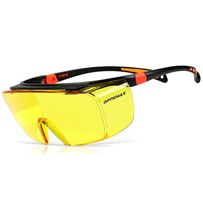Optic Max Safety Glasses That Fit Over Your Prescription Eyewear. Anti- Fog & Scratch Wraparound Lenses, Adjustable Arms - color: Amber, size: Over The Glasses