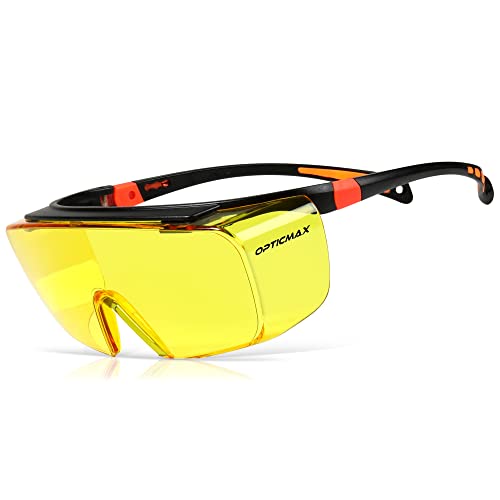 Optic Max Safety Glasses That Fit Over Your Prescription Eyewear. Anti- Fog & Scratch Wraparound Lenses, Adjustable Arms - color: Amber, size: Over The Glasses