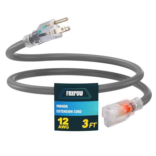 Indoor Extension Cord, 12 Gauge 3 Prong Weatherproof Heavy Duty Gray Extension Cord with Lighted Indicator End, SJTW 15A 3 FT Extension Cable for Garage, Garden and Home, UL Listed - color: Grey, size: 3FT