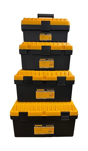 Tool Box Set of 4, Large Plastic Tool Box Waterproof with Organizer Tray, Heavy Duty Stackable Toolbox Storage Case Portable Tool Box (Black & Yellow, 13/15/17/19 in)
